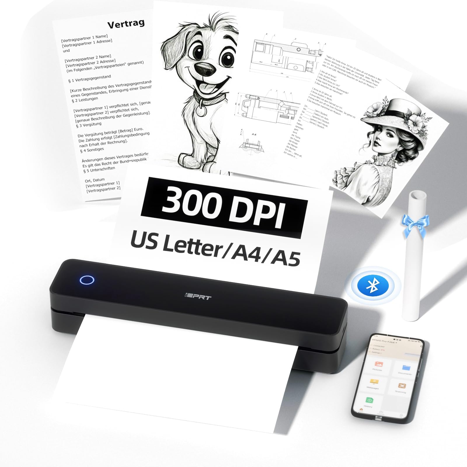 iDPRT Portable-Printer Wireless for Travel,300DPI Inkless Thermal Small Printers for Home Use,Office,Vehicles,Mobile Bluetooth Printer Supports 8.5" x 11" US Letter,for Smartphone & PC,Dark Black