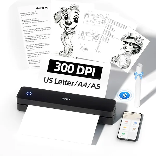iDPRT Portable-Printer Wireless for Travel, 300DPI Inkless Thermal Small Printers for Home Use, Office, Vehicles, Mobile Bluetooth Printer Supports 8.5" x 11" US Letter, for Smartphone & PC,