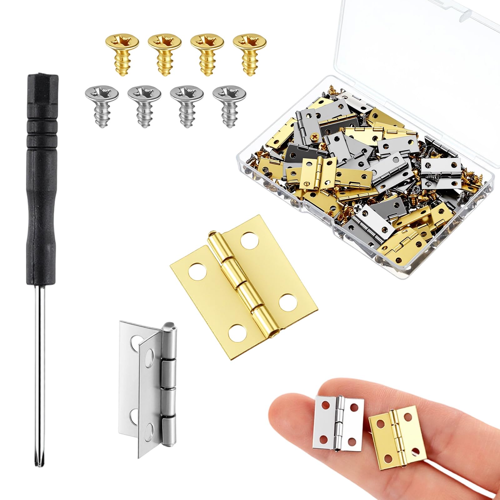 WJIAAA 60 Pcs Mini Hinges, Small Brass Folding Hinges with Screwdriver and 120 Gold+120 Silver Screws for Wooden Box, Jewelry Box, Dollhouse, Miniature Furniture 30 Gold+Silver Hinge