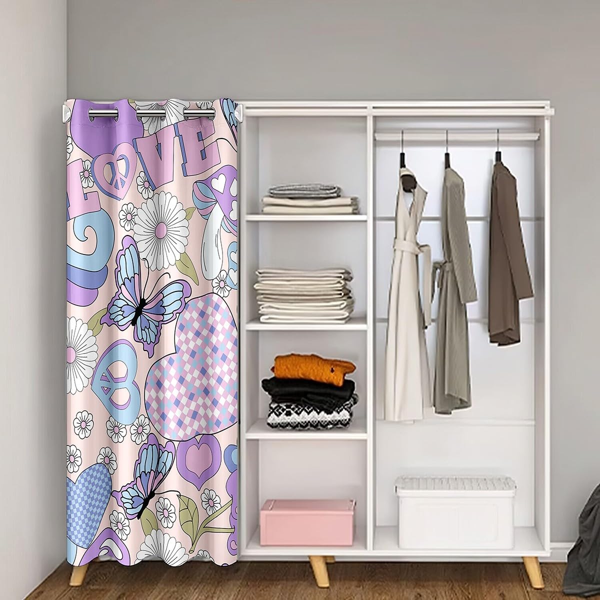 Homemissing Retro Flower Door Curtain for Privacy 106x203cm Butterfly Closet Door Cover Curtain for Bedroom 60S 70S Groovy Floral Heart Pattern Peace Mushroom Divider Curtain Purple Window Treatment - Image 2