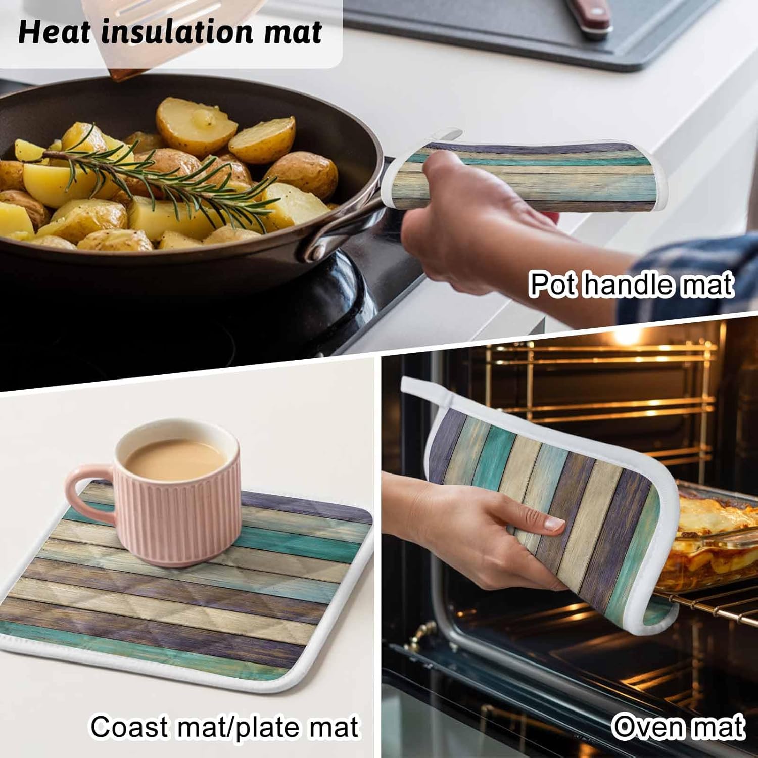Pot Holder Set of 5 Farmhouse Retro Wood Board Potholder Heat Proof Non Slip Pot Holders, Gradient Wooden Hot Pads Potholders for Kitchen Cooking Baking BBQ