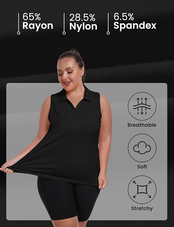 MoFiz Women's Plus Size Sleeveless Golf Polo Shirt Racerback V-Neck Pickleball Golf Tops Summer Workout Collared Tennis Tops Black 4XL by MoFiz - Image 5