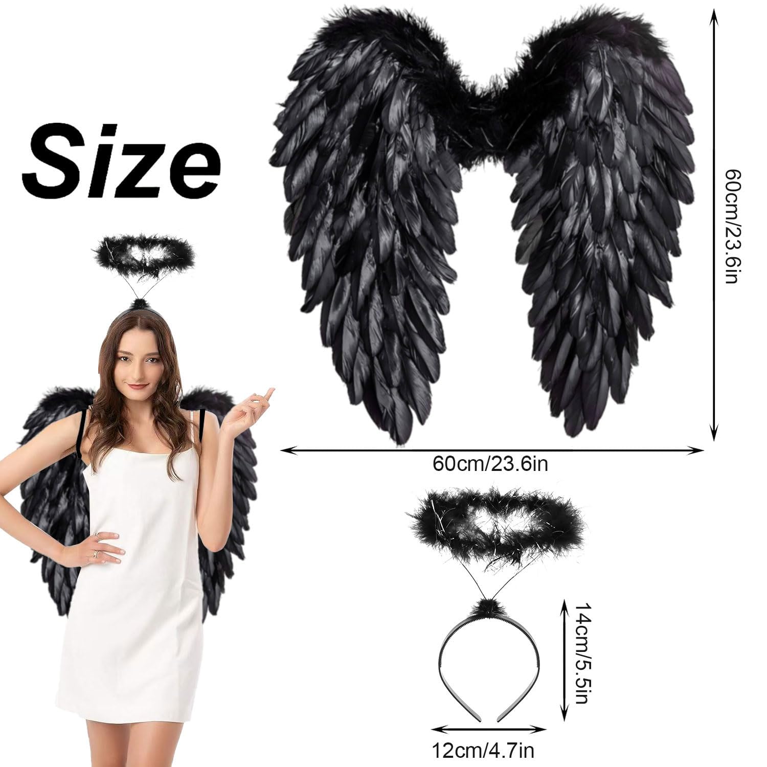 Set Ali D'Angelo Nere Con Alone - Costume Da Angelo Per Donne E Bambini, Per Carnevale E Halloween - Foto 8