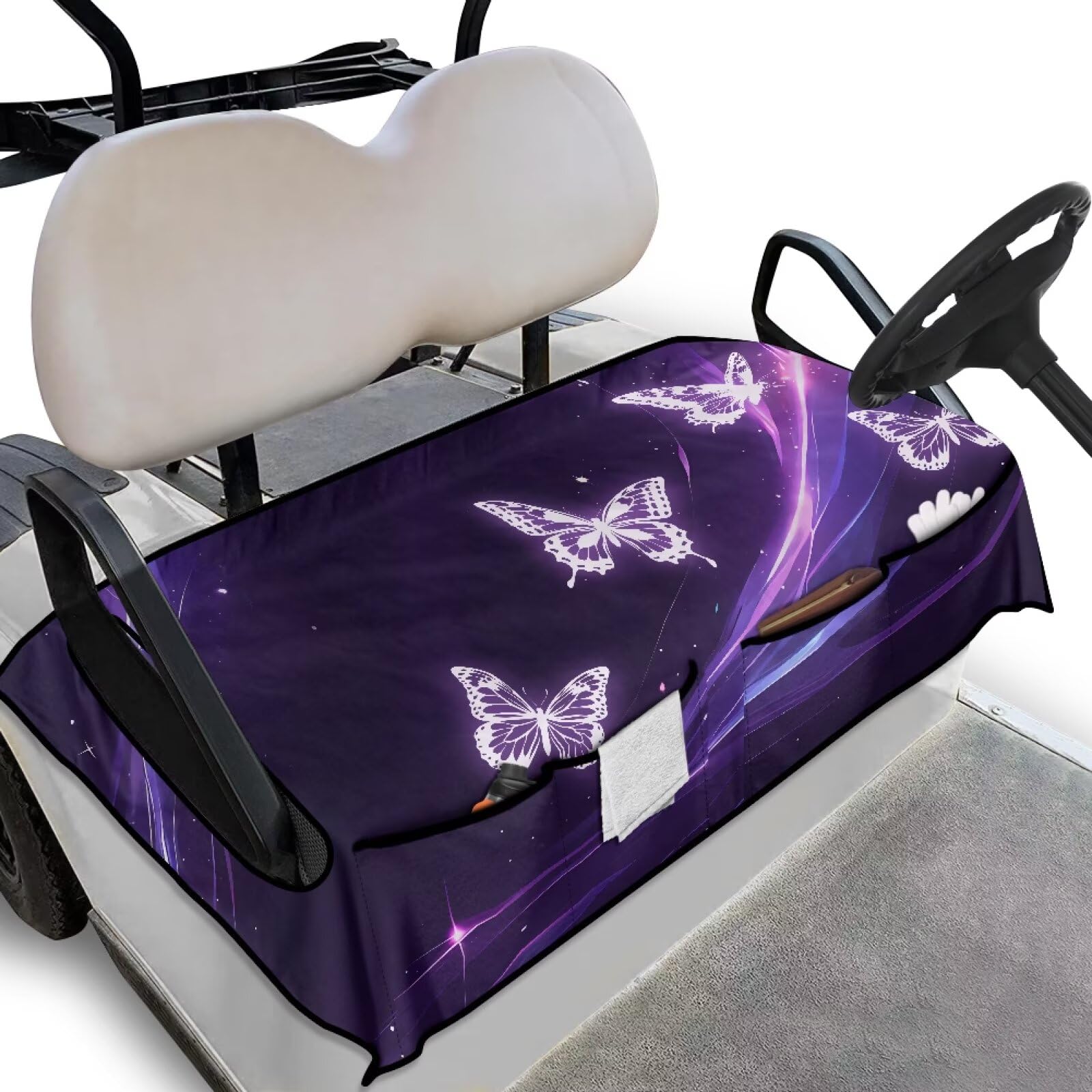 Biyejit Purple Butterfly Golf Buggy Seat Cover with Storage Bags Comfortable Golf Cart Seat Blanket EZGO Seat Covers for 2-Person Seats Club Easy Install and Clean