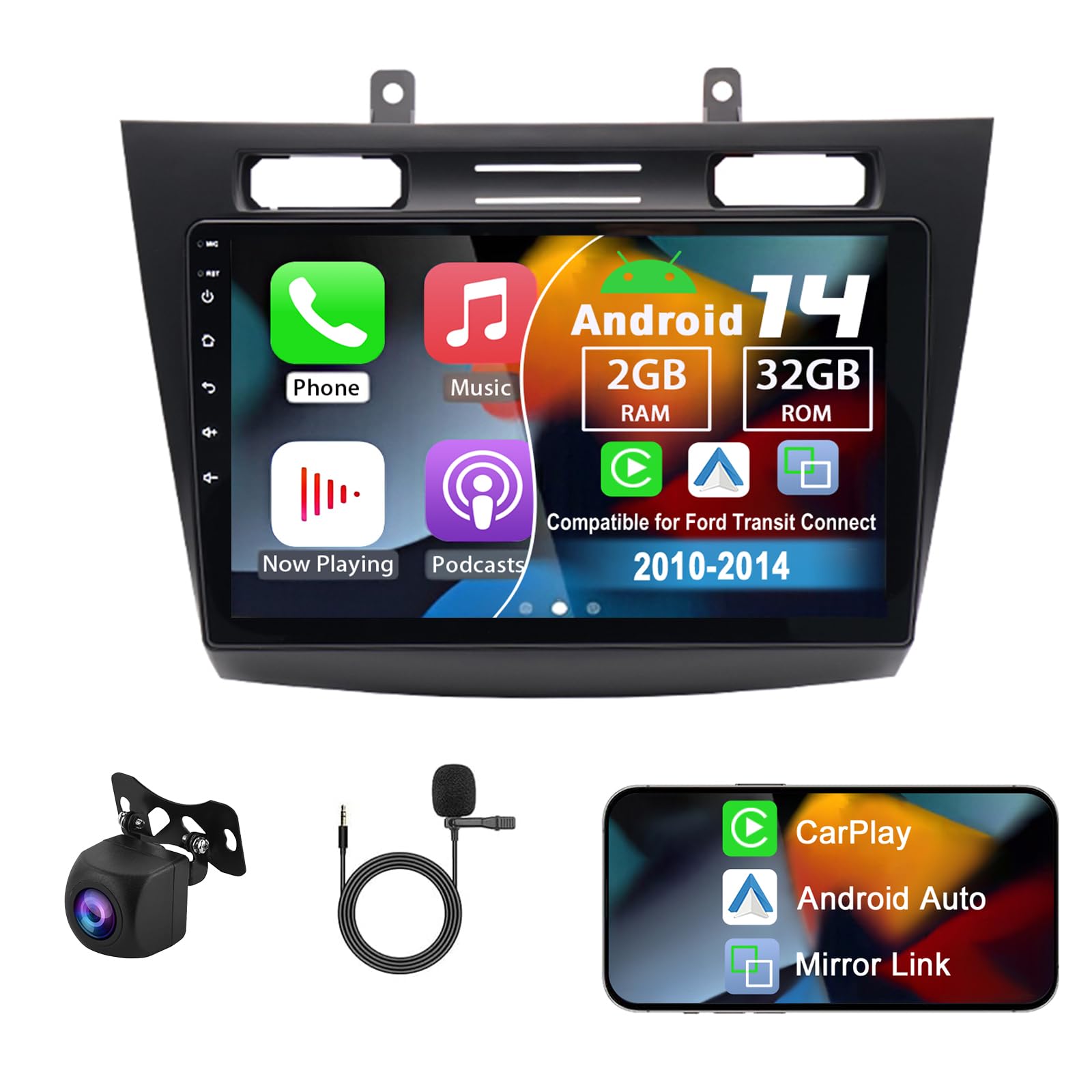 Slakerbe Android 14 Double Din Car Radio Compatible with Ford Transit Connect 2010-2014, 2G+32G 10