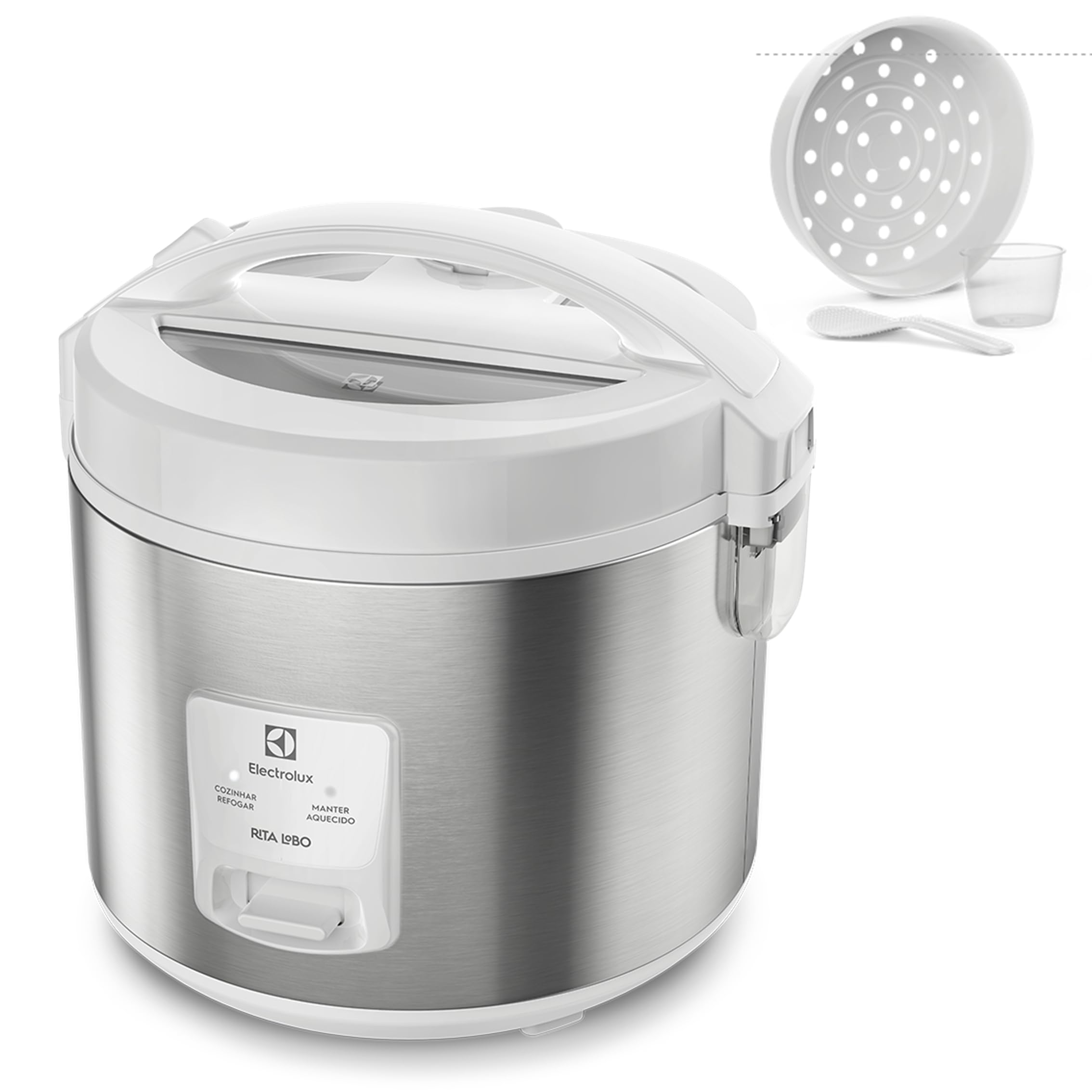 Panela Elétrica Electrolux vapor arroz capacidade 3,5L 10 xícaras 2 em 1 timer panela removivel antiaderente tampa com visor transparente ERC31 inox braco 127v por Rita Lobo