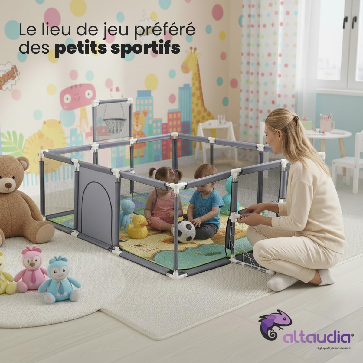 Parc pour bébé + tapis de jeu + ballon de football et basket-ball - Parc pour bébé pliable 180 x 120 x 65 cm - Parc de jeux pour bébé avec maille respirante - Gris