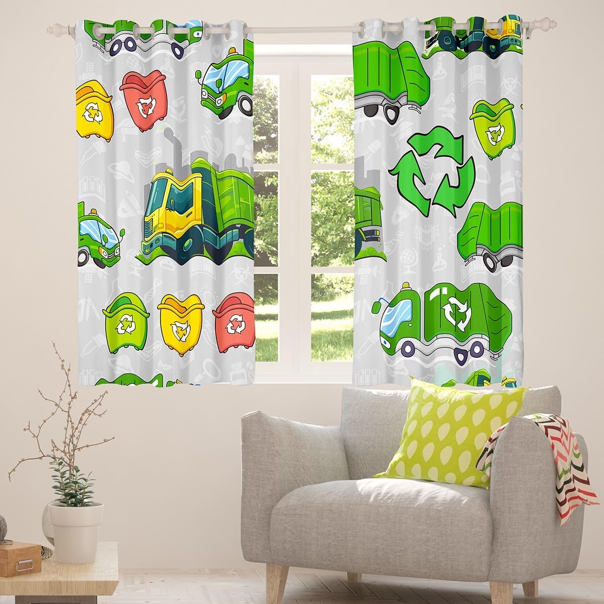 Feelyou Green Garbage Truck Grey Curtains Cartoon Trash Truck Window Drapes Treatments for Kids Boys Girls Green Vehicle Car Window Drapes Garbage Trash Toy Window Treatments, 42W X 63L,2 Panels