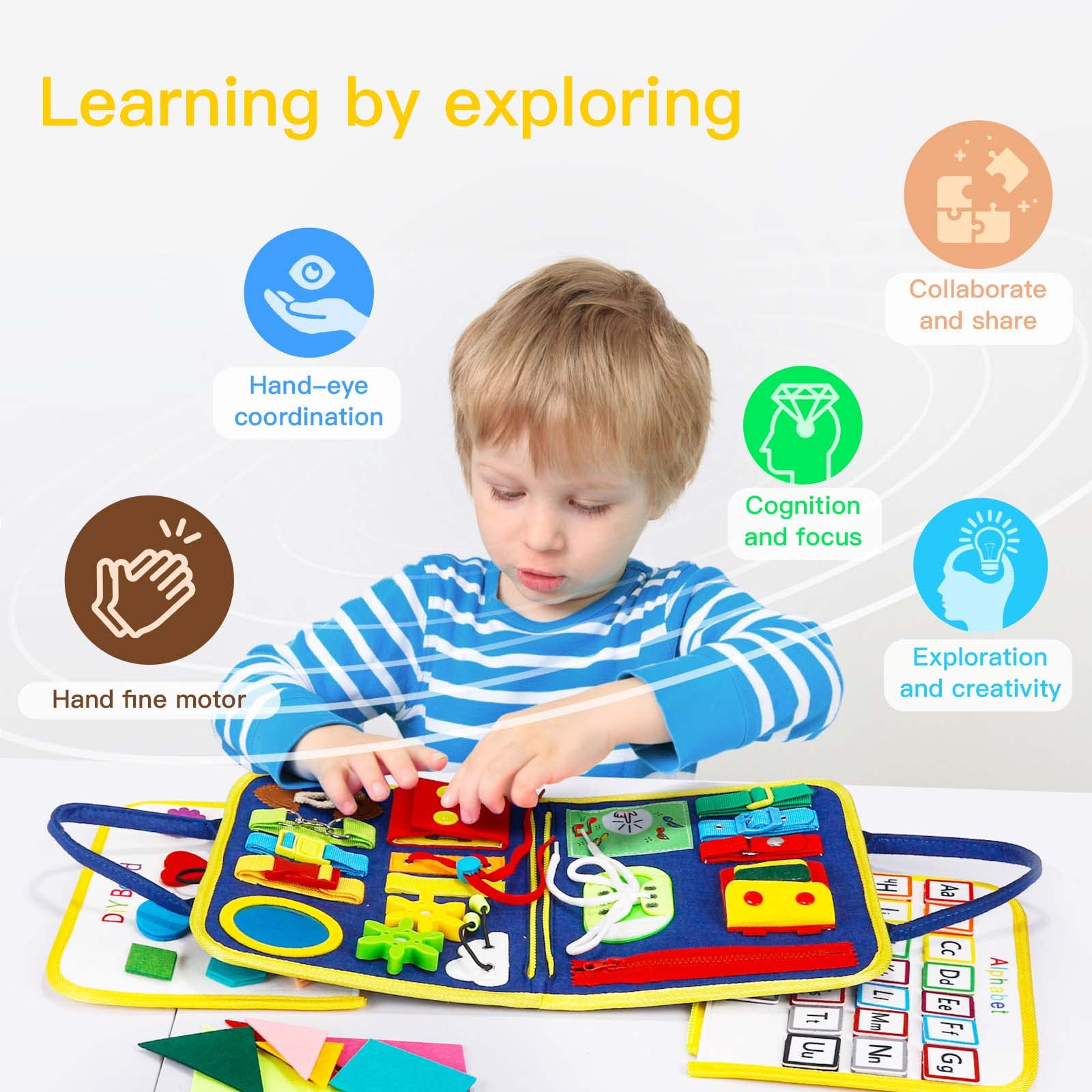 Juguetes Sensoriales Montessori Busy Board Niños 1 2 3 4 Años 4 Capas Juguete de Actividad Ydesarrollo,con Cremallera,Botones,Tablero de Dibujo,Reloj，Tangram...