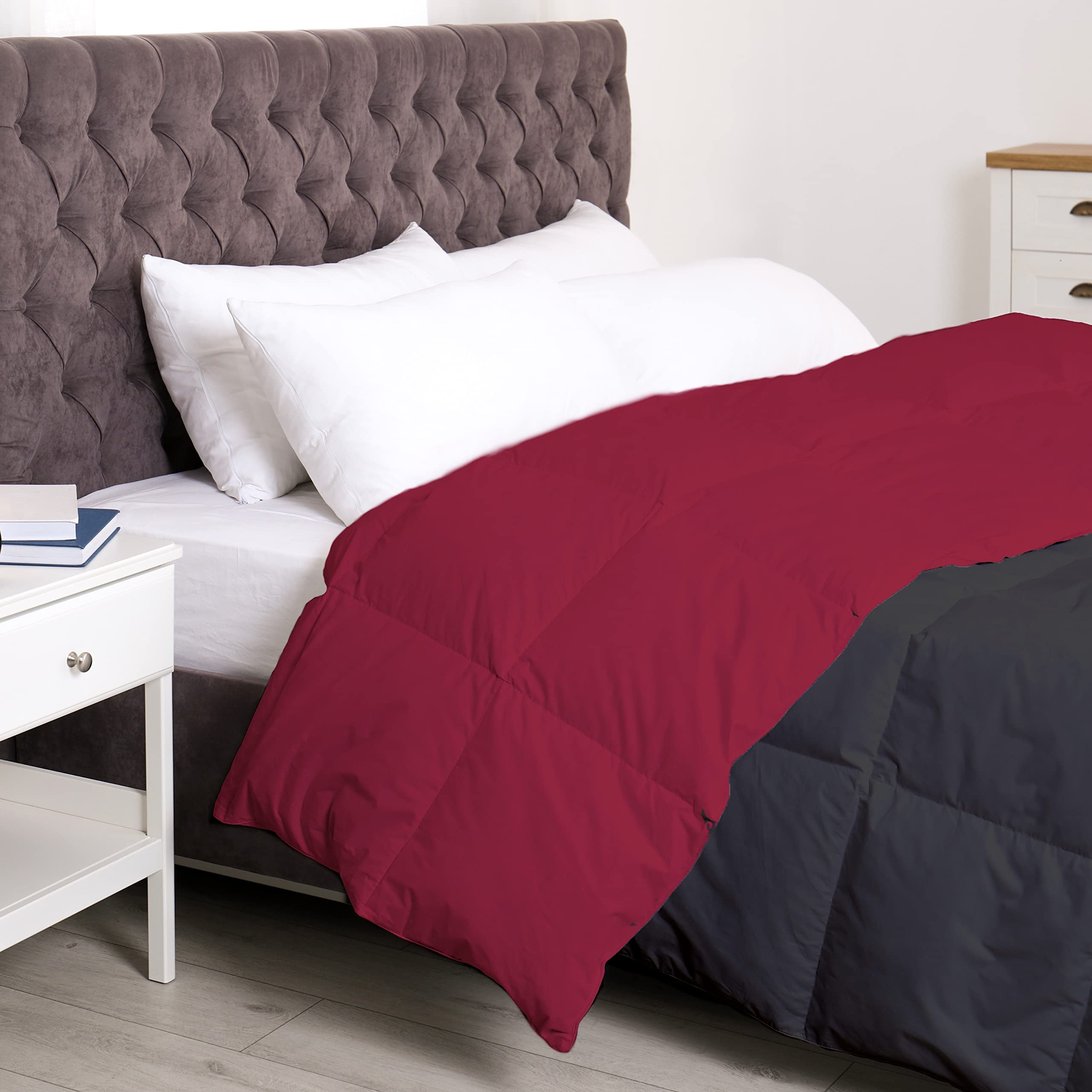 Sacred Thread All Season Reversible Comforter - Soft, Lightweight, Cooling Rayon Made from Bamboo Duvet Insert - Down Alternative Filling - Machine Washable (Full/Queen Dark Grey/Burgundy)