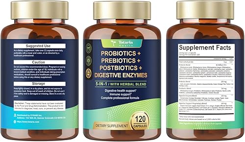 Miniatura 9 de Totaria Prebiótico y postbiótico probiótico 5 en 1 para mujeres y hombres, 60 mil millones de UFC, 24 cepas con enzimas digestivas, olmo