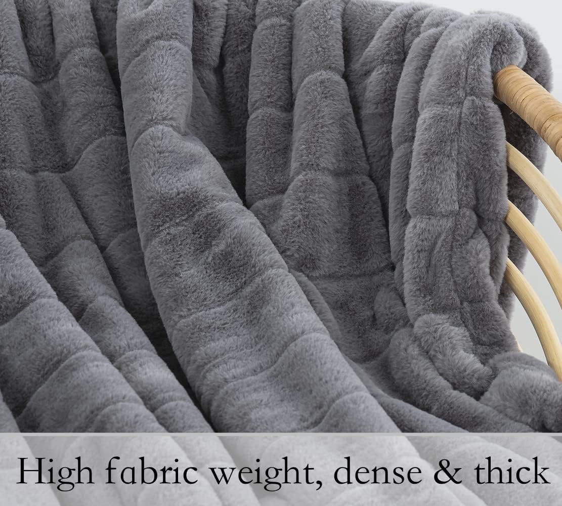 Faux Fur Blankets Soft Premium, Fluffy & Dense, Solid Striped Throw for Winter, Season Decoration (60"x 80", Gray)