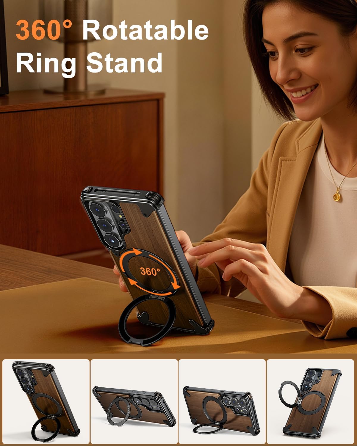 OATSBASF Magnetic Wood Case Compatible with Samsung Galaxy S26 Ultra, [Natural Wood & Aluminum] Shockproof Protective Cover Unique Wooden Case with 360° Ring Stand, Black