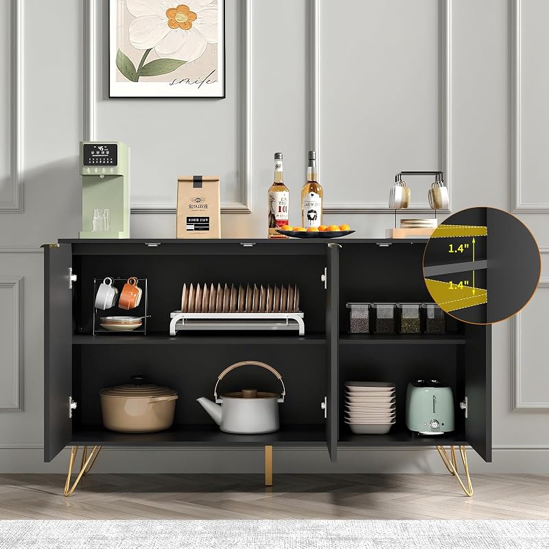 94.5 Inch Fluted TV Stand with 2 Storage Cabinets, Black丨Modern TV Stands, Entertainment Center with Adjustable Shelves & Gold Handles, Wood Media Console for Living Room image 6