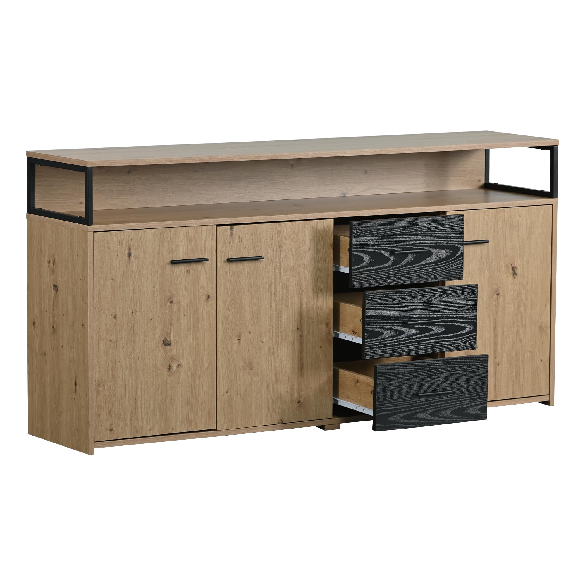Aparador industrial con tres puertas y tres cajones, 150 x 35 x 75,9 cm, color negro y marrón, mueble de cocina con asas de metal, armario multiusos para dormitorio, salón, oficina