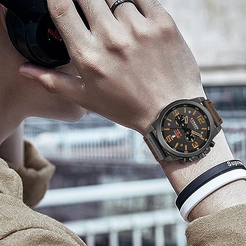 Miniatura 5 de Reloj de acero inoxidable con correa de cuero, estilo clásico, casual, resistente al agua, cronógrafo, fecha, y cuarzo analógico