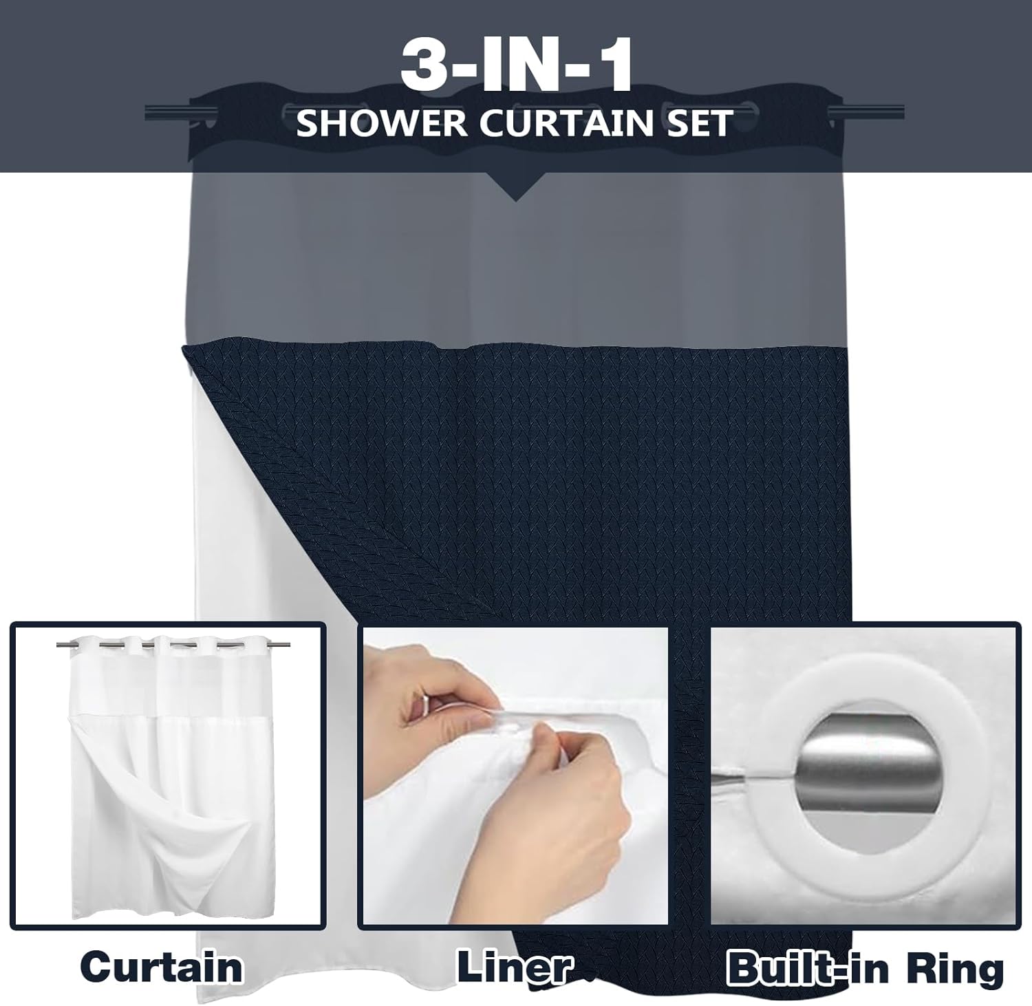 No Hook Shower Curtain with Snap in Liner Set Blue Fabric Cloth Modern Shower Curtain for Hotel Bathroom Decor 71x74 Inch