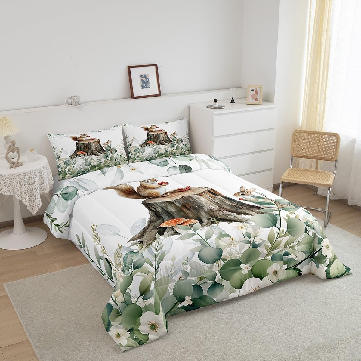 Erosebridal Kids Cute Animal Toddler Bedding Sets for Girls Boys Cartoon Squirrel Comforter Set, Spring Eucalyptus Bedding Comforter Sets Leaves Duvet Insert, Kawaii Jungle Animal Down Comforter