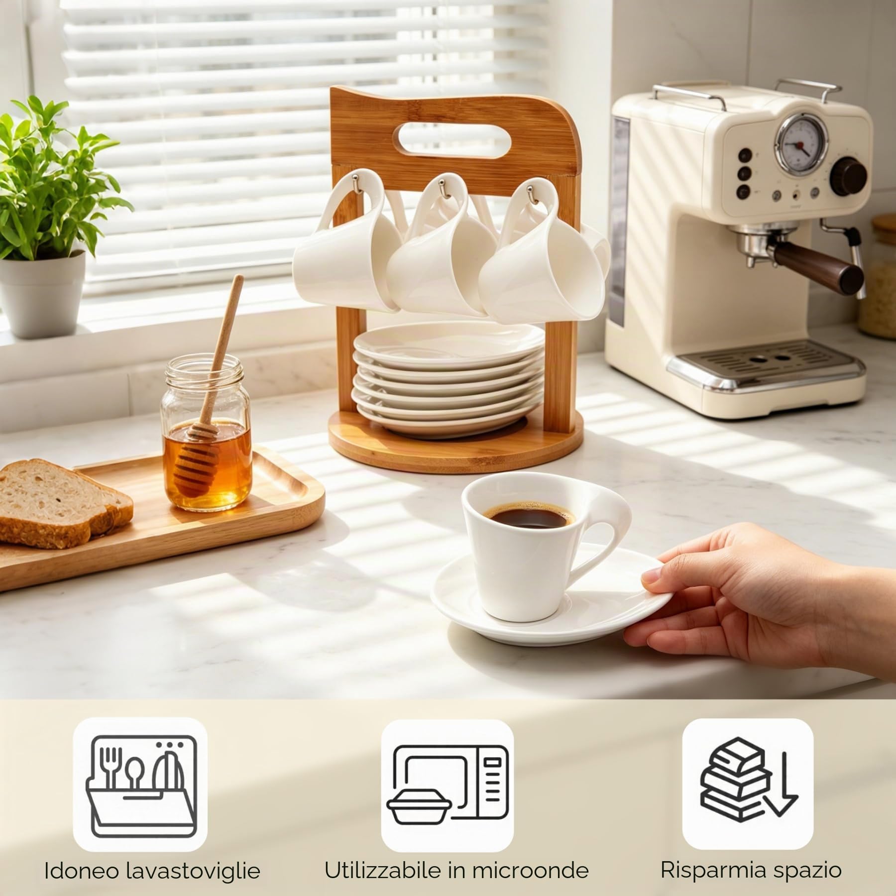 Set di 6 tazze da caffè con piattini su supporto, porcellana, 80 ml, set di tazze da caffè espresso, set da tè per 6 persone