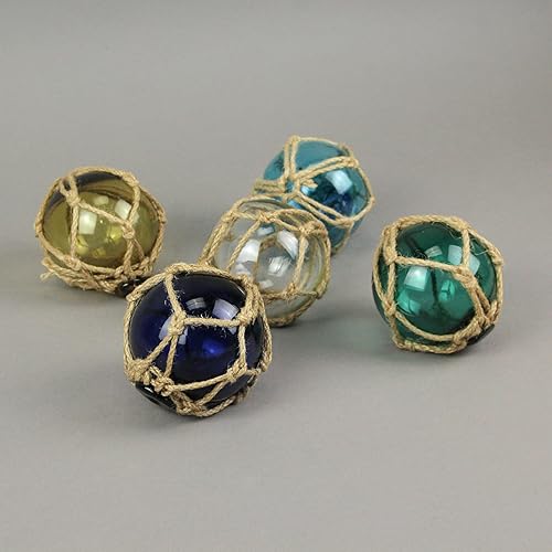 Miniatura 7 de Zeckos Juego de 5 flotadores de pesca de cristal inspirados en la costa con detalles de cuerda, encantadores adornos náuticos de estilo antiguo para