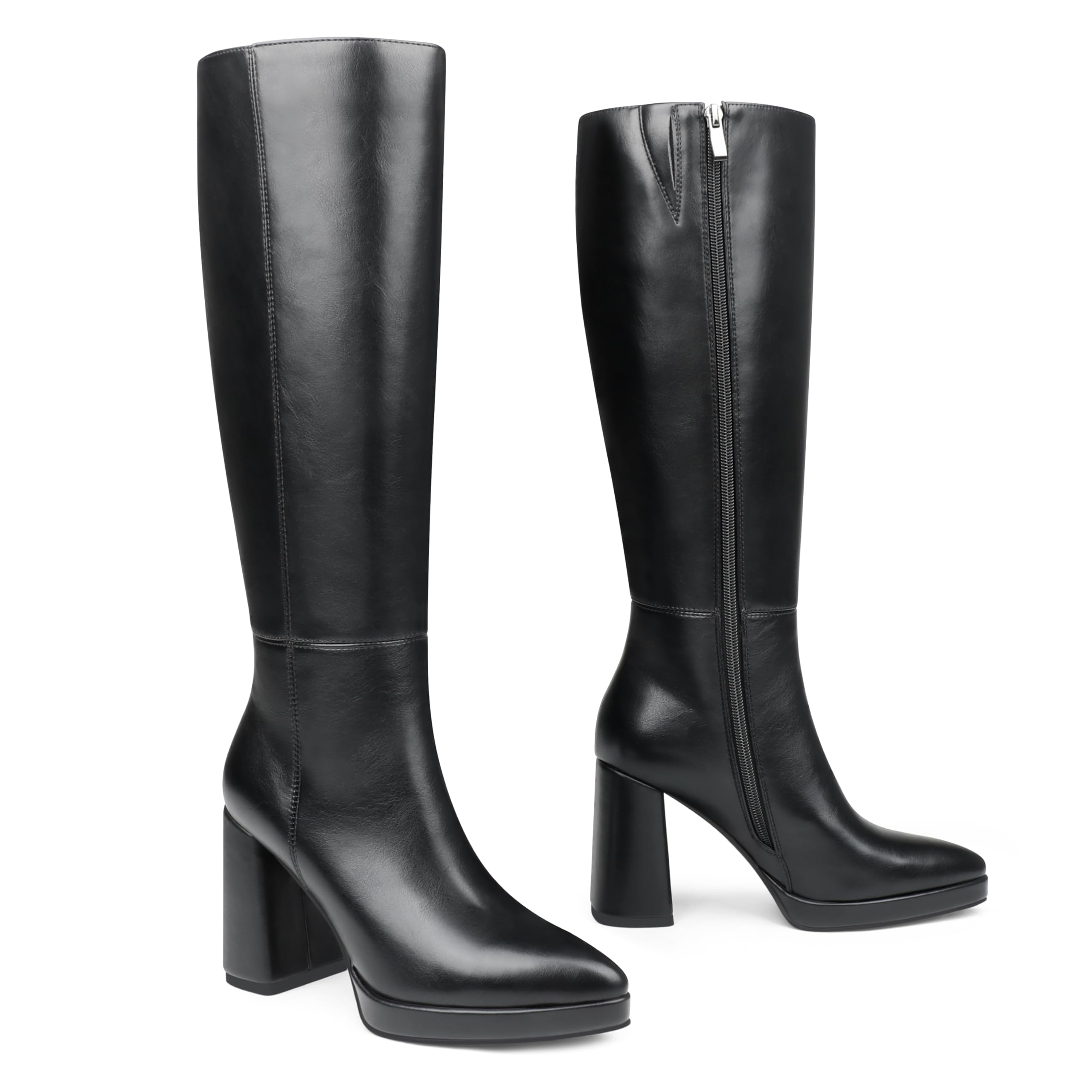 Zzheels Womens Knee High Boots Platform Boots for Women Pointy Toe Chunky Heel Tall Boots