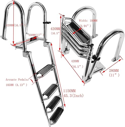 Miniatura 6 de Escalera telescópica para barco de 4 escalones, con barandillas de mano y escalones extra anchos