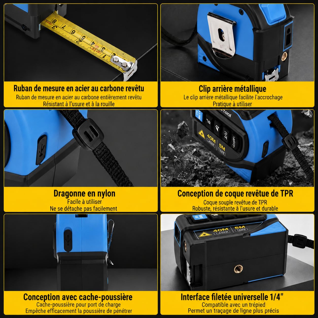 Ruban à Mesurer Laser 4 en 1, 40m Telemetre Laser + 5m Metre Ruban, 16m Ligne Croisée et Trépied, Grand Écran LCD (m/ft/in), pour Bricolage, BTP, Professionnels