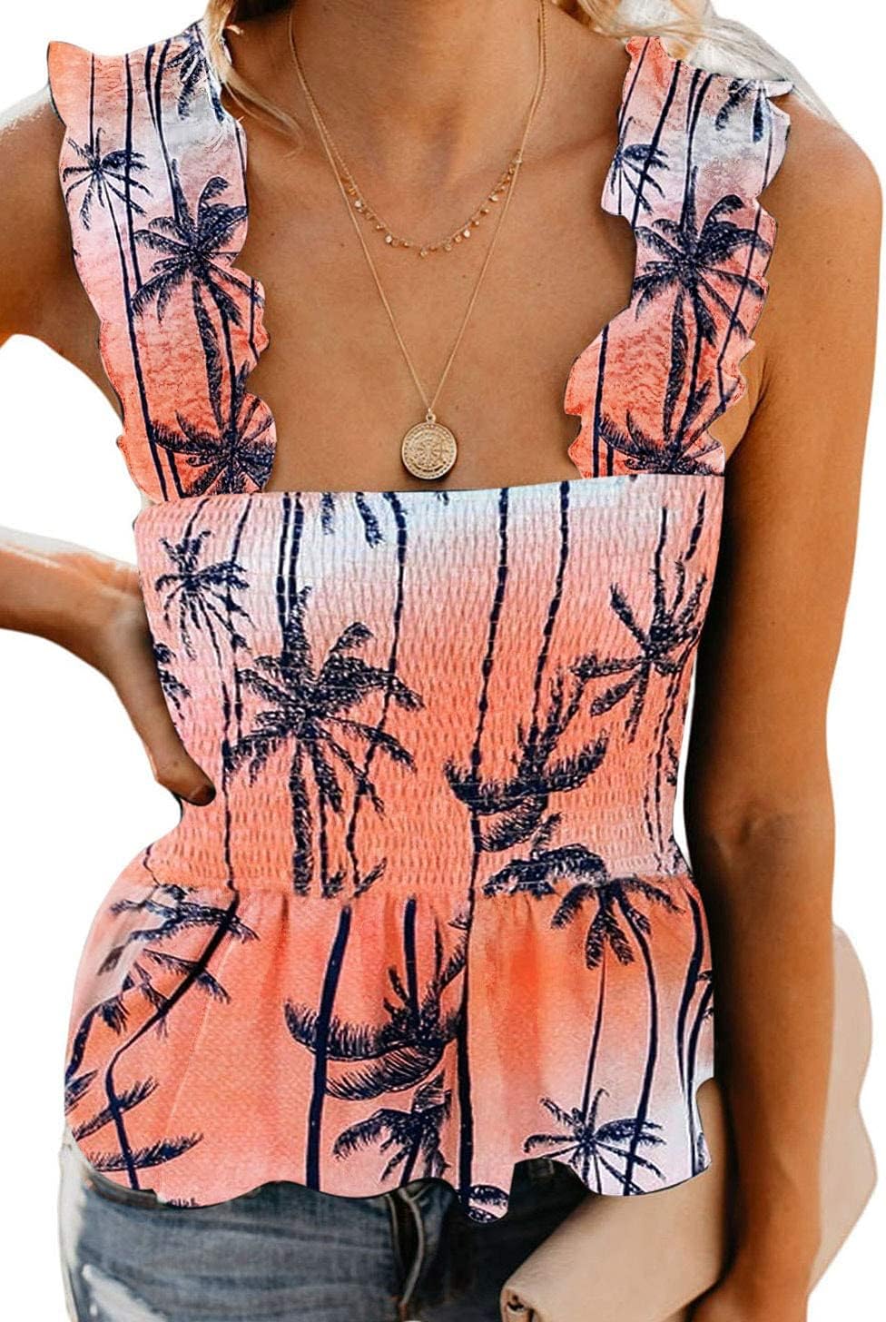 CILKOO Women Smock Tank Top Chic Ruffle Hem Strap Cami Top Summer Tanks Tops Elastic Crop Tank Top Orange Tank Top Cropped Blouse Shirts for Women Girl XX-Large