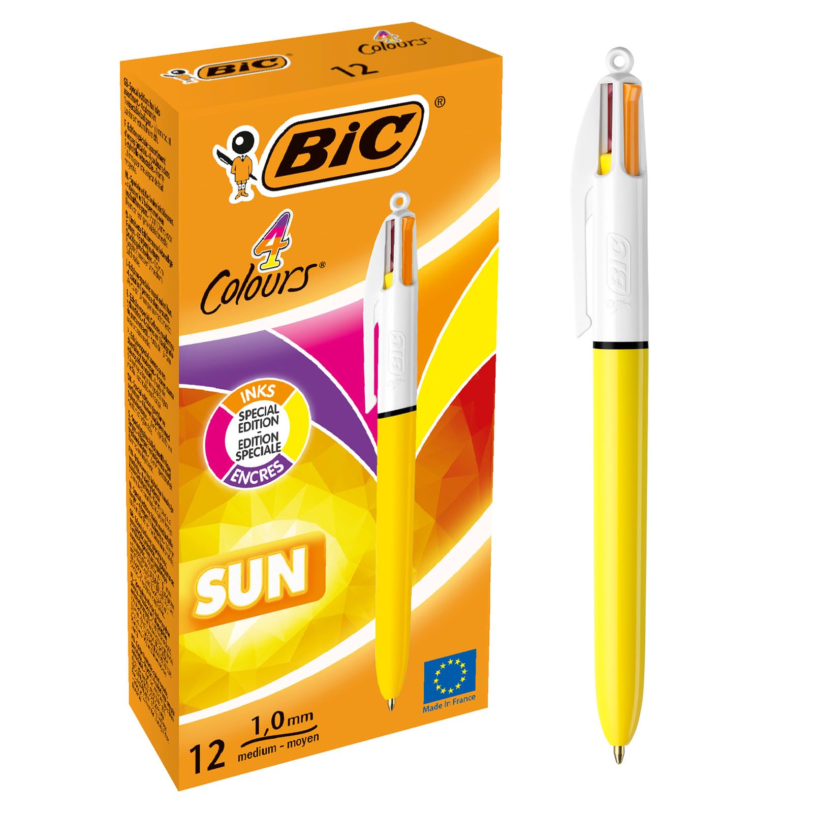 BIC 4 Colours Sun Tükenmez Kalem, 12'li Kutu, 1.0mm Uç, Tek Kalemde Sarı, Mor, Turuncu ve Pembe Renkler