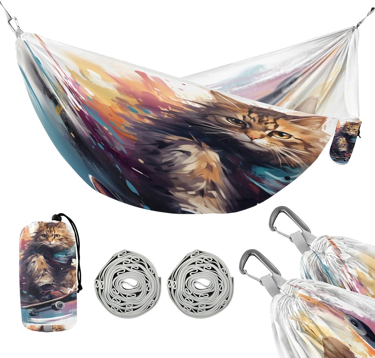 ALAZA Cat Skating Funny Camping Hammocks Single or 2 Person 500 lbs Portable Parachute Travel Hammock w/Tree Straps for Hiking Backpacking Indoor Outdoor