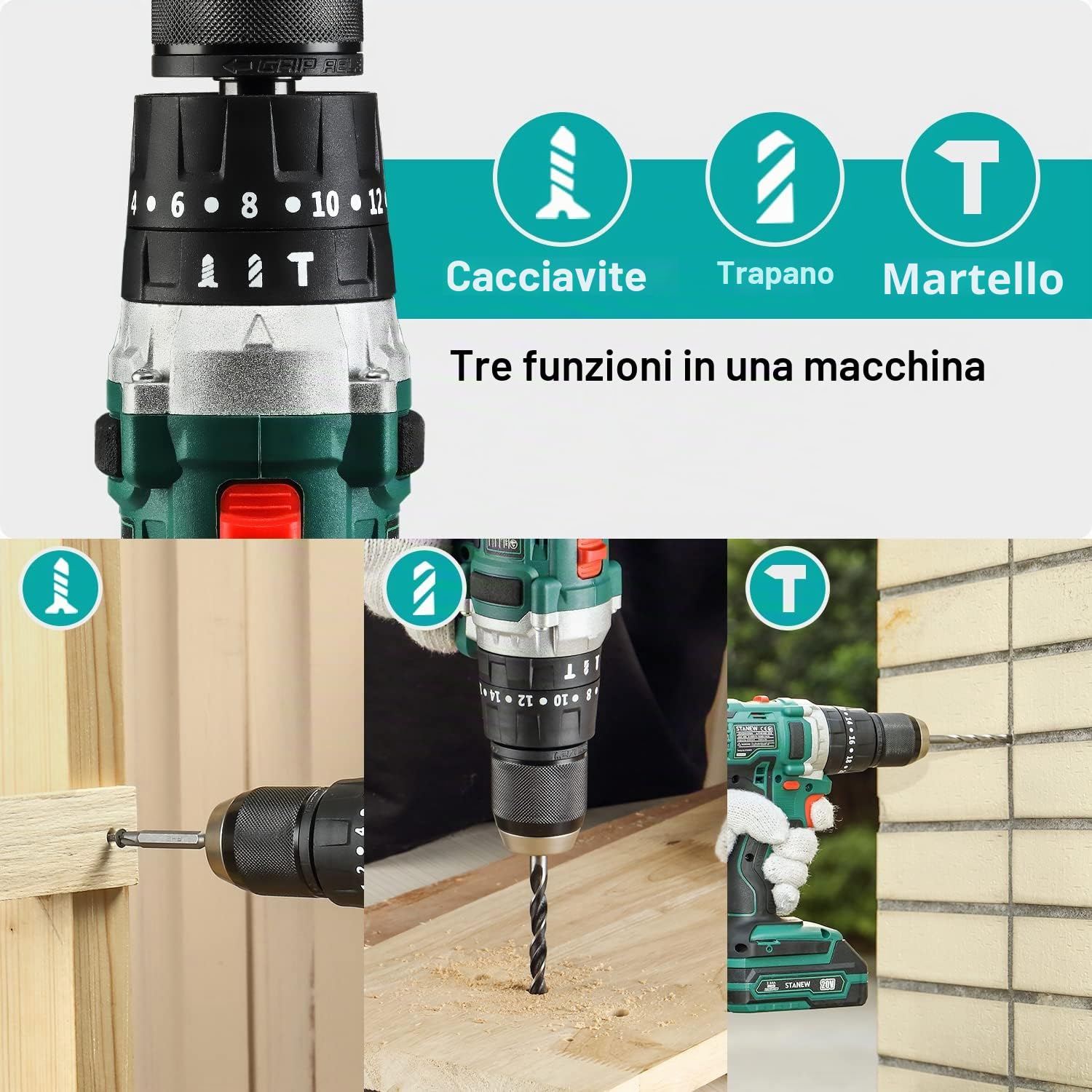 Trapani a percussione, STANEW 20V Li Trapano a Batteria,trapano a percussione 20 + 3 impostazioni,2 Batterie-1.5Ah e Valigetta,45 Nm,69 accessori+guanti professionali +valigia