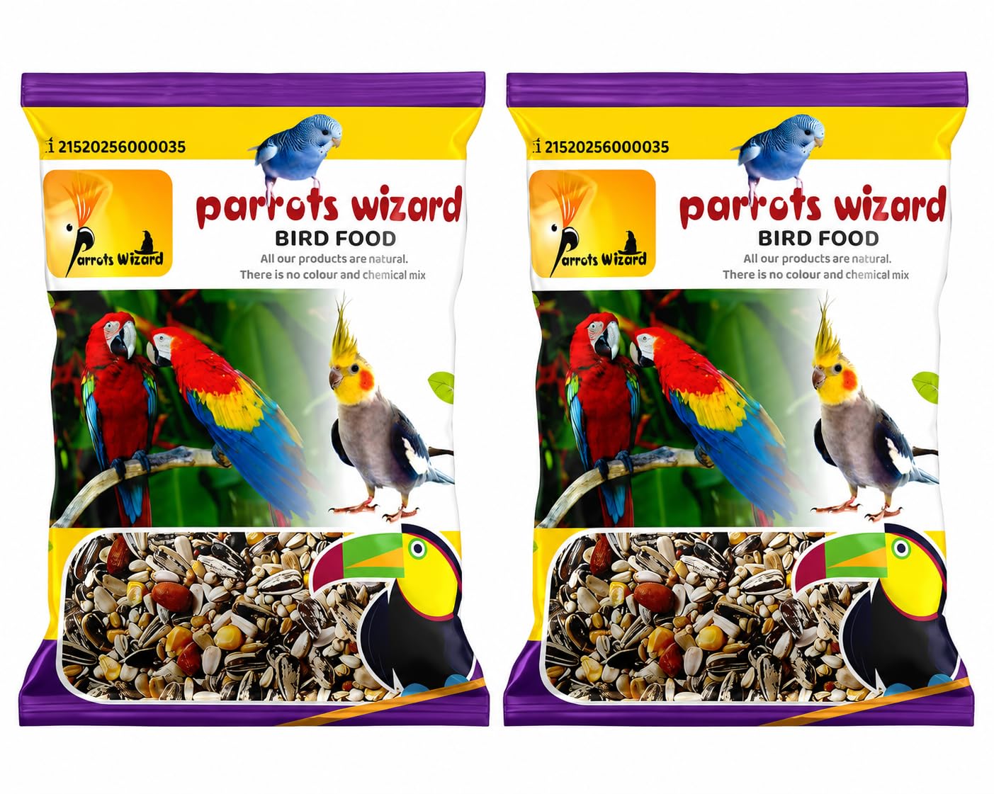 Parrots Wizard Ringneck & Alexandrine Parrot Food Seed Mix | Bird Food for Indian Ringneck, Alexandrine, African Grey, Macaw, Cockatoo & Large Parrots | 31 Types of Seeds | 450g (Pack of 2)