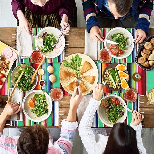 Vista 20 de Camino de mesa mexicano con manteles individuales (8 unidades), manteles individuales surtidos de serape mexicano, decoraciones de boda, manta