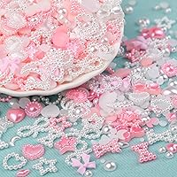 Vista 2 de 1200 piezas de dijes de uñas 3D con formas múltiples y perlas de base plana, estilos mixtos blanco y rosa, corazones, estrellas, lazos, girasoles