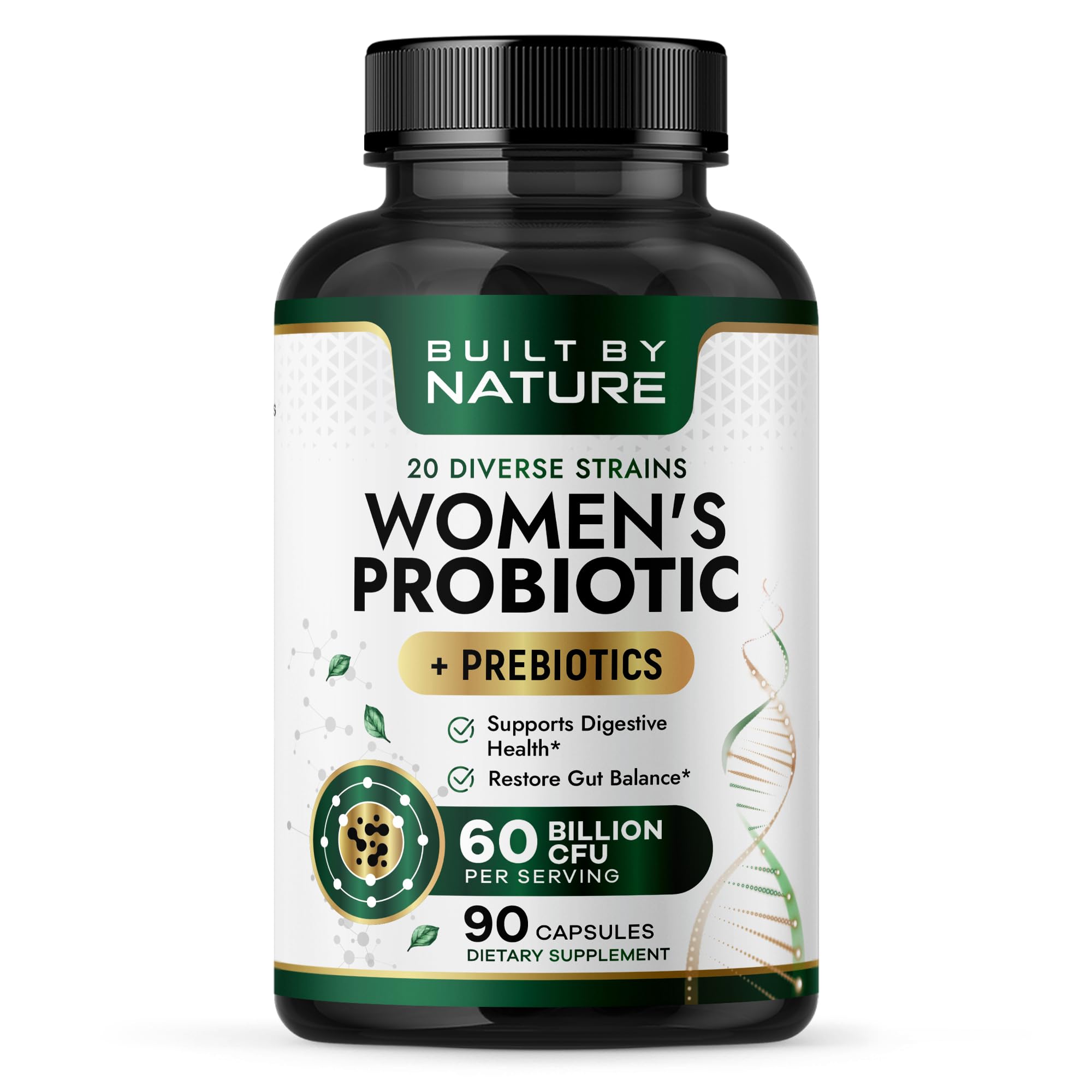 Built by Nature Probiotic for Women 60 Billion CFU 90 Capsules 20 Strains + Prebiotics, Vaginal & Digestive Support, Delayed Release Capsules, Shelf Stable, 3 Month Supply
