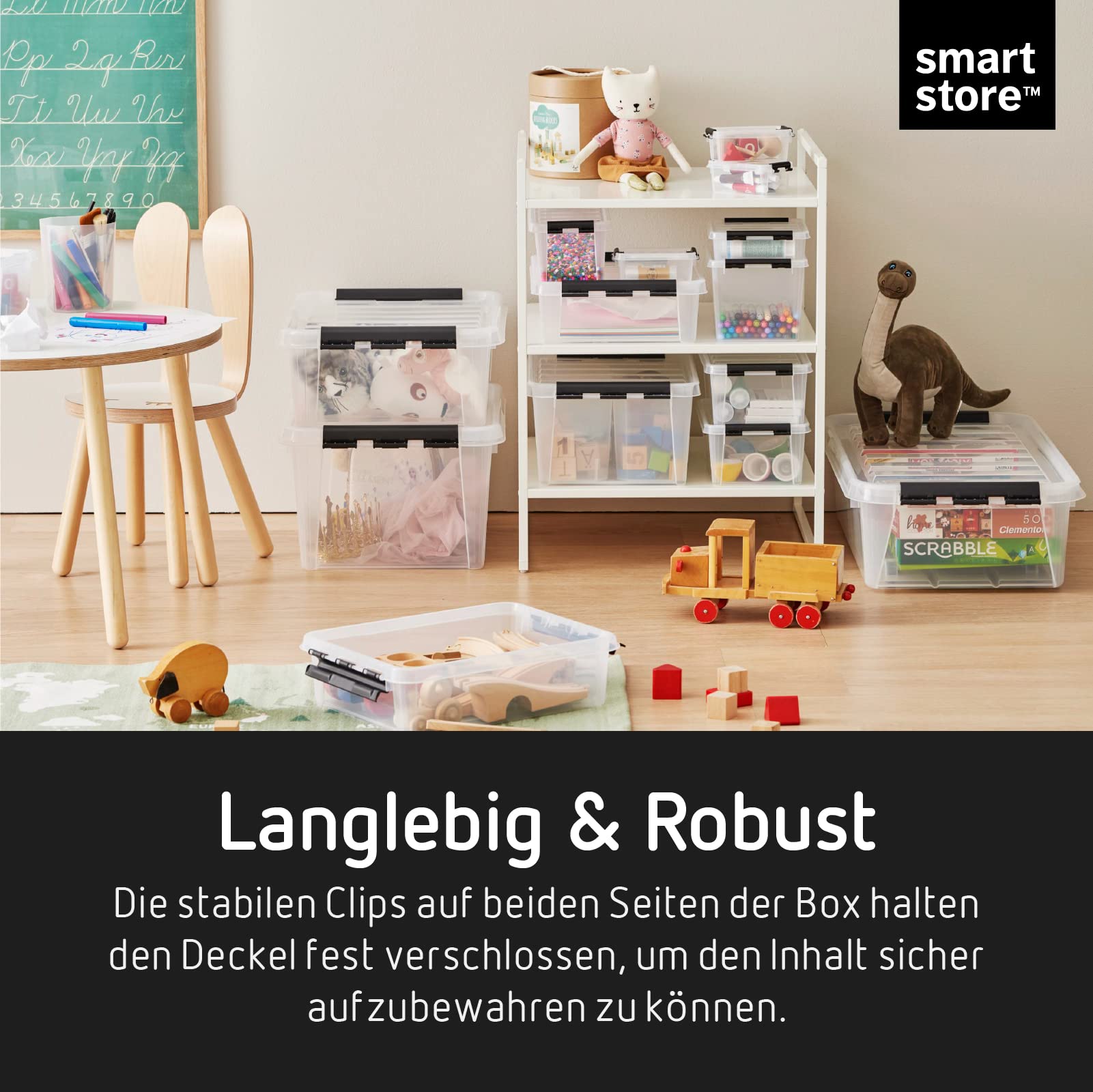 Set van 2 SmartStore™ Classic 50 - Transparante grote plastic opbergdoos 52L met deksel - Transparant - Stapelbaar en nestbaar - Clip-sluiting zwart - L50xB39xH41cm - Food Approved