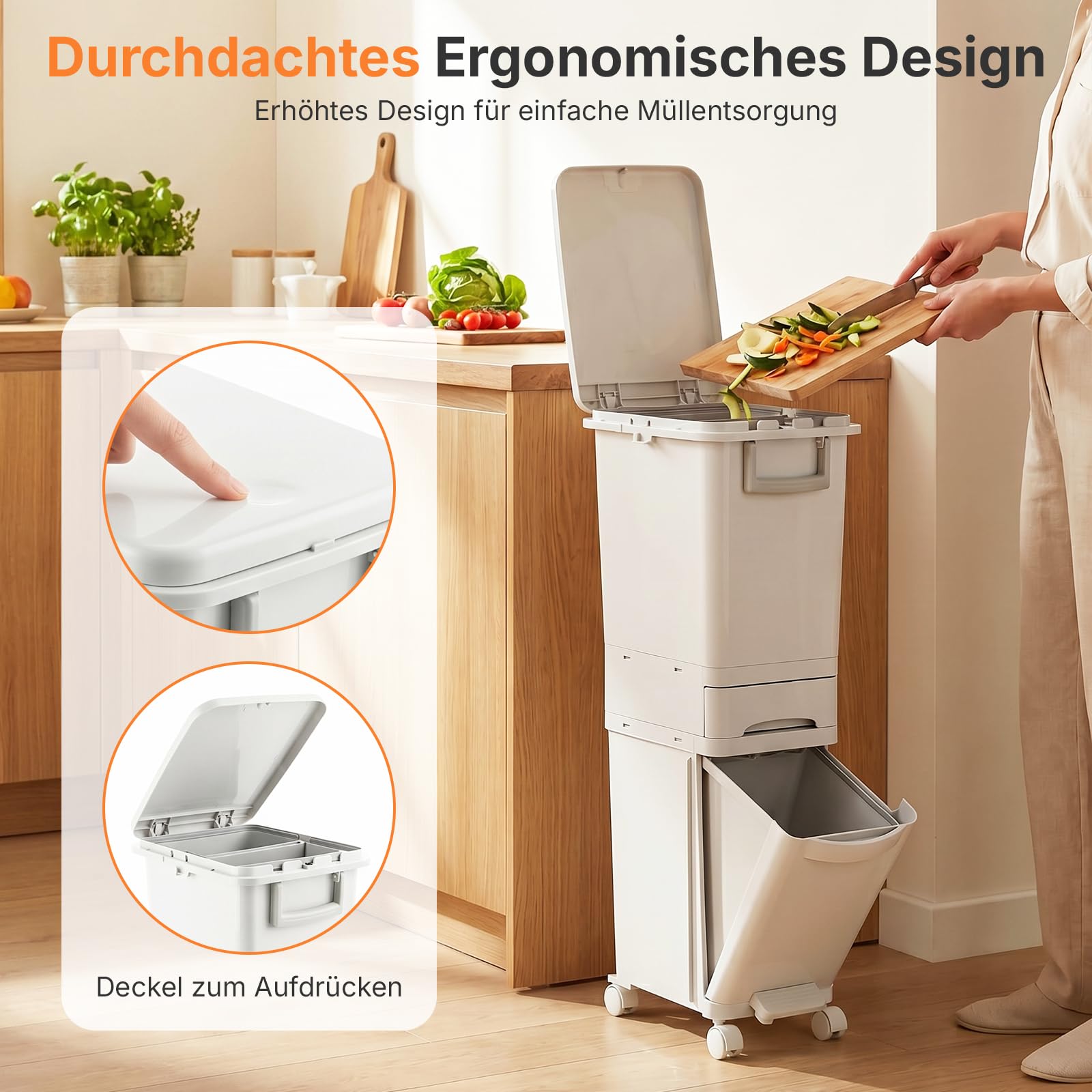 32 L Mülleimer Küche 3 Fächer, Abfalleimer mit Deckel & Pedal, Mülleimer auf Rädern, Mülltrennsystem mit Kippbehälter, Deckel, Schublade, Küchenabfalleimer für Küche & Wohnzimmer, Weiß