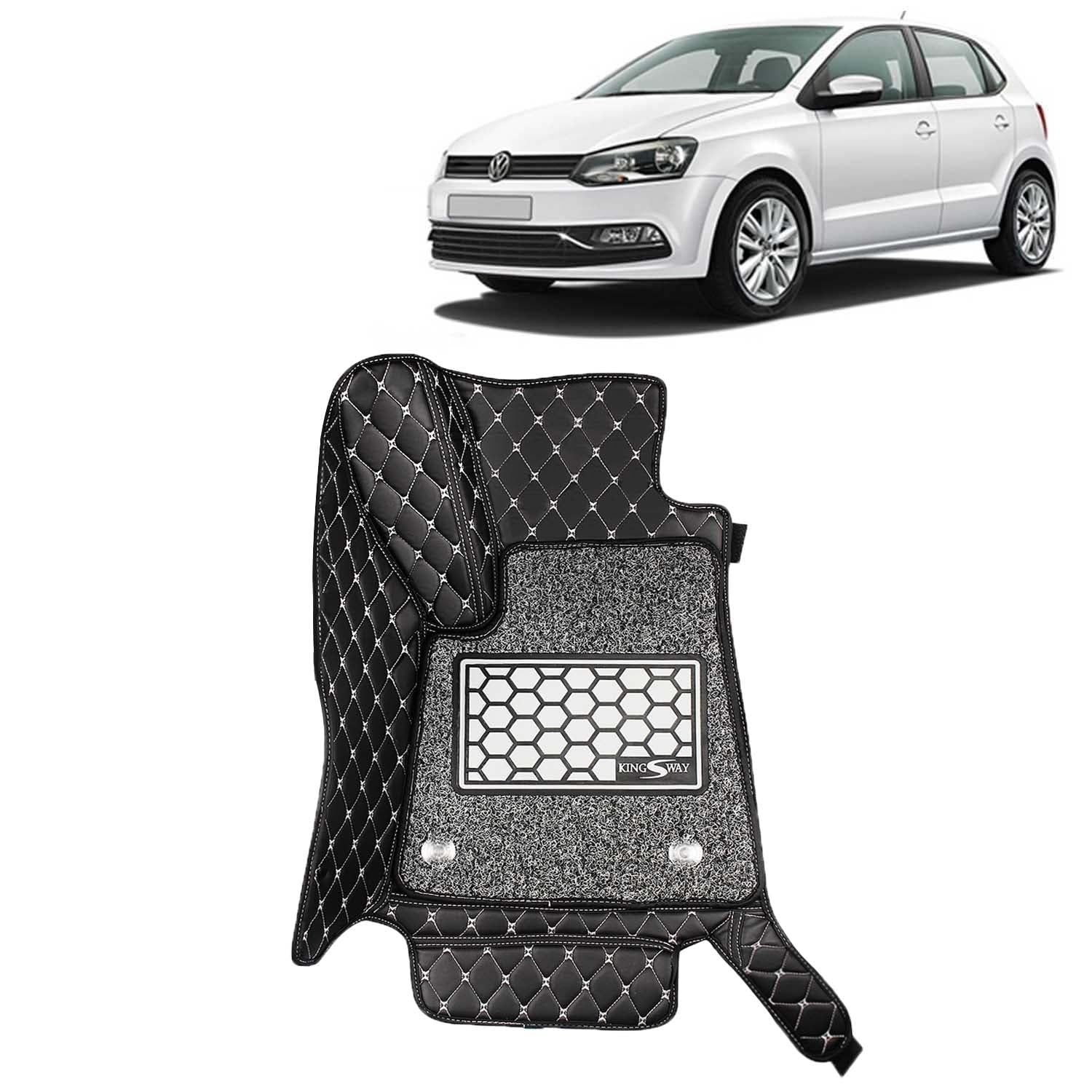 KINGSWAY Accessories Premium 7D Car Floor Mats Only Compatible with Volkswagen Polo Year 2009 to 2022 All Model, Set of 3 Pcs, 100% Waterproof & Washable Luxury 7D Car Foot Mats, Black