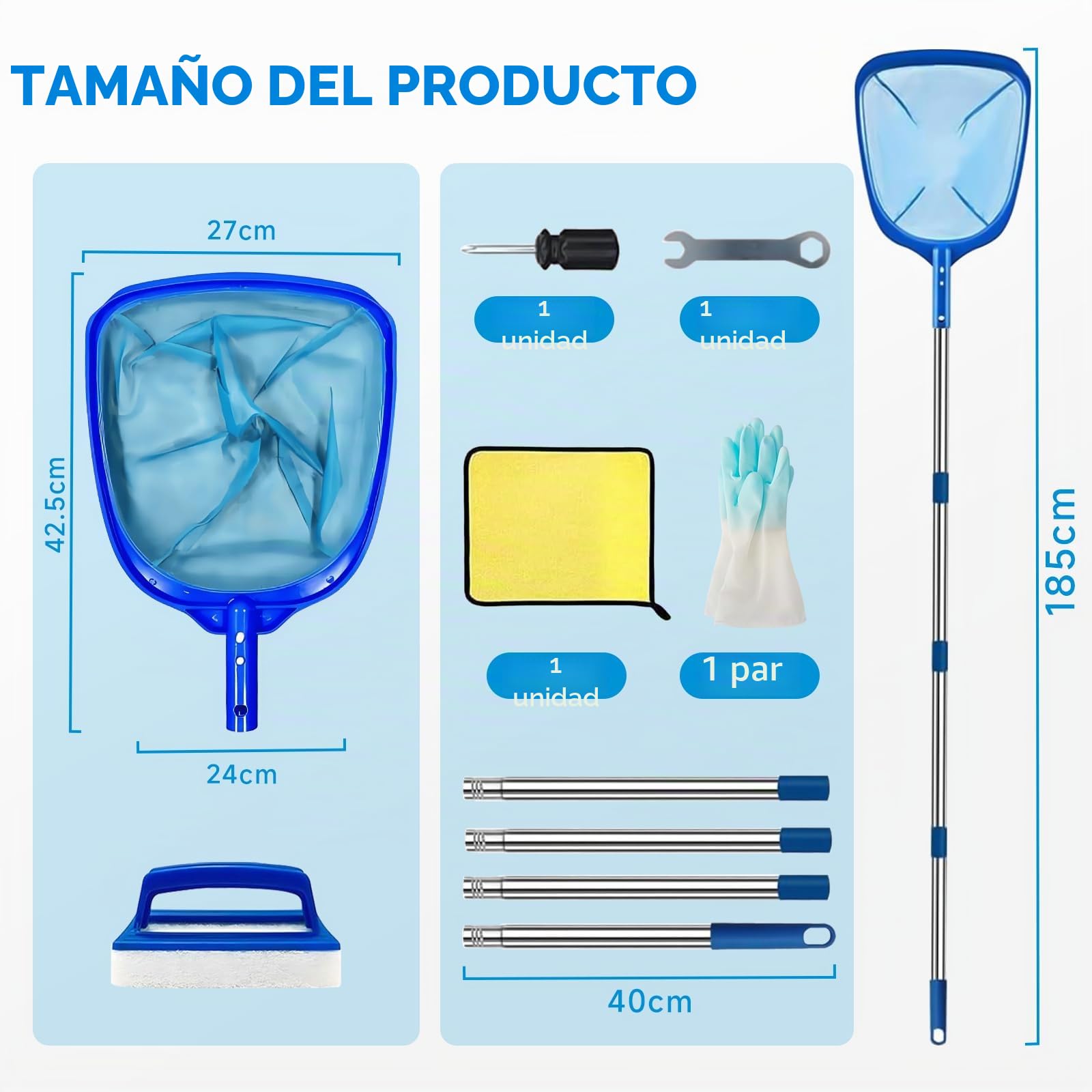 Recogehojas Piscinas 185cm, Limpiafondos Piscina con Varilla Telescópica, Swimming Pool Accessories, Viene con Cepillo Limpieza, Toalla, para Piscinas, Estanques, Parques Acuáticos