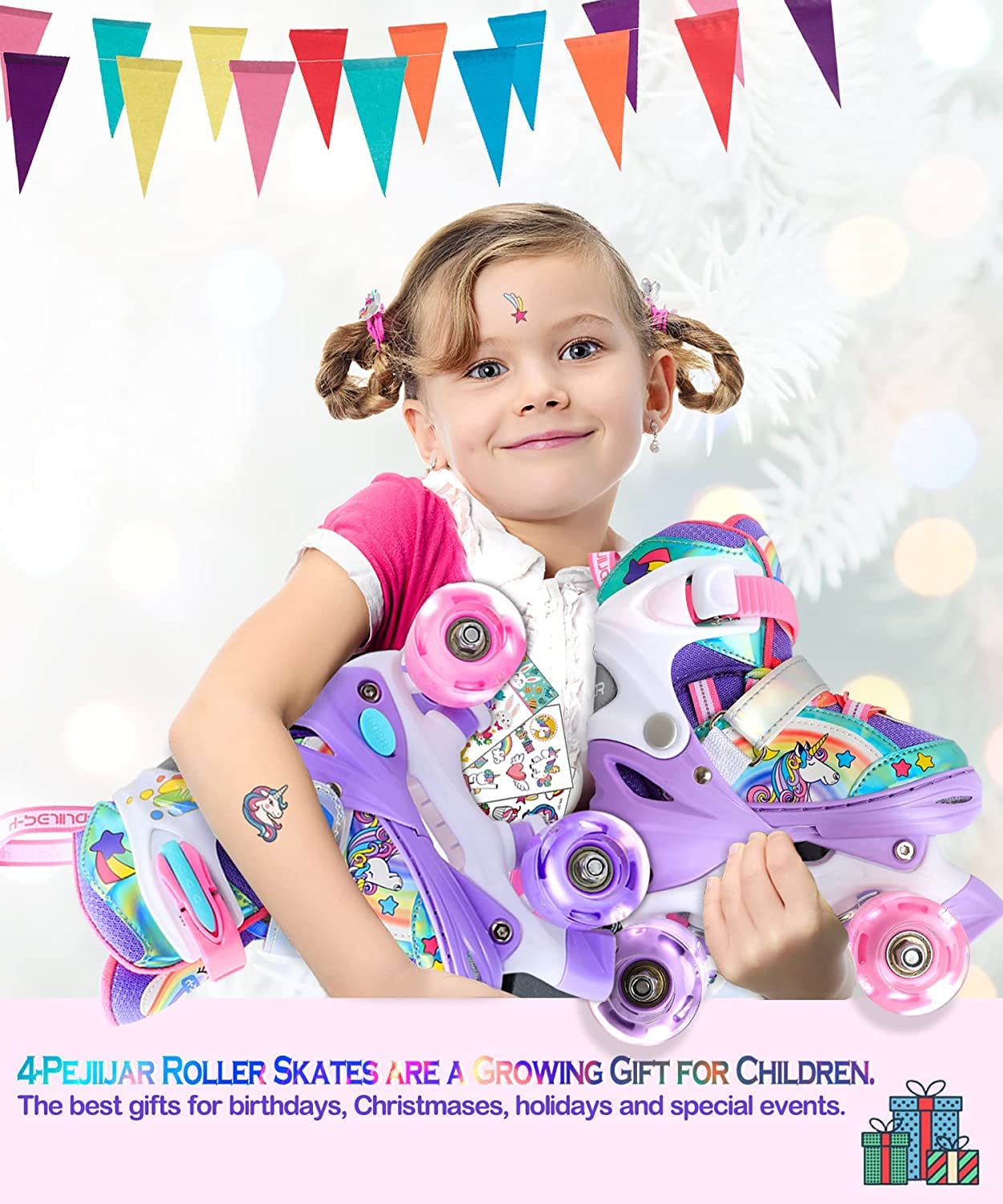 Patins à roulettes Licorne Enfants Rollers Quad Réglable Patins à roulettes Lumineux Taille Réglable pour Filles Garçons Débutants