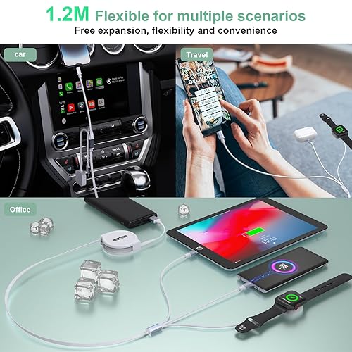 Miniatura 6 de Multi 3 en 1 retráctil universal teléfono cable de carga + cable de cargador de Apple Watch, USB A a Lightning+Tipo C+cargador iWatch para iWatch