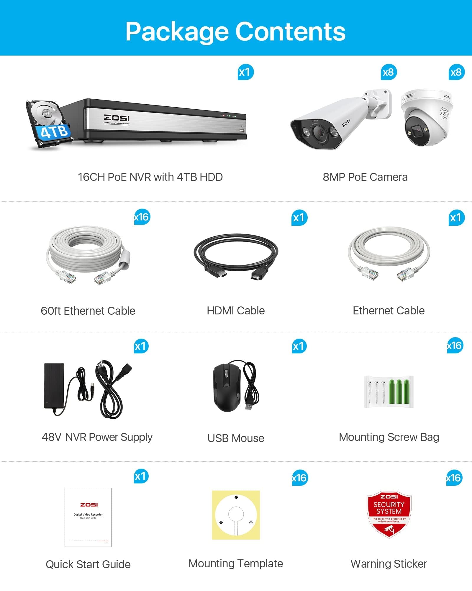 ZOSI 4K CCTV Kit de Videovigilancia PoE 16pcs Cámaras de Seguridad Exterior con 16CH 8MP H.265+ Grabador NVR, Visión Nocturna en Color, Alarma de Luz y Sirena, Audio, 4TB HDD Incluido