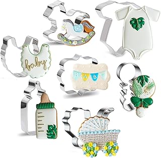 Moleou Baby Shower Cookie Cutter Set, 7Piece Cookie Cutters Include: Onesie, Bib, Baby Carriage, Bottle, Rattle, Rocking H...