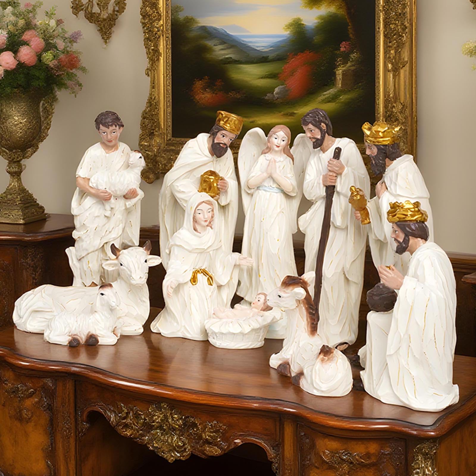 Statua in resina per presepe della Sacra Famiglia, ornamento natalizio da tavolo con stalla e mangiatoia per casa, vacanze, presepe natalizio