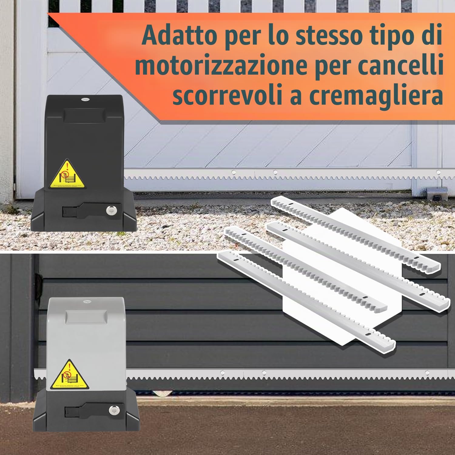 Fiqops Rack per cancello scorrevole apriporta cancello scorrevole, 2 m, 4 pezzi (ogni 50 cm di lunghezza), acciaio zincato, argento