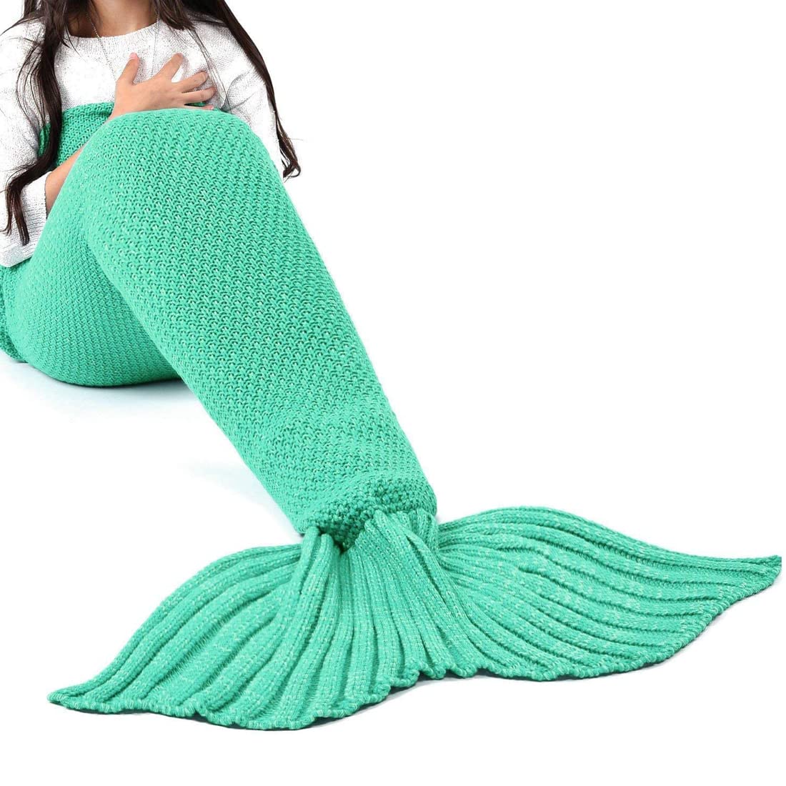 BonZeal Small 140 x 70cm Pack of 1 Woollen Knitted Green Mermaid Fish Tail Blanket for Winter-image-7