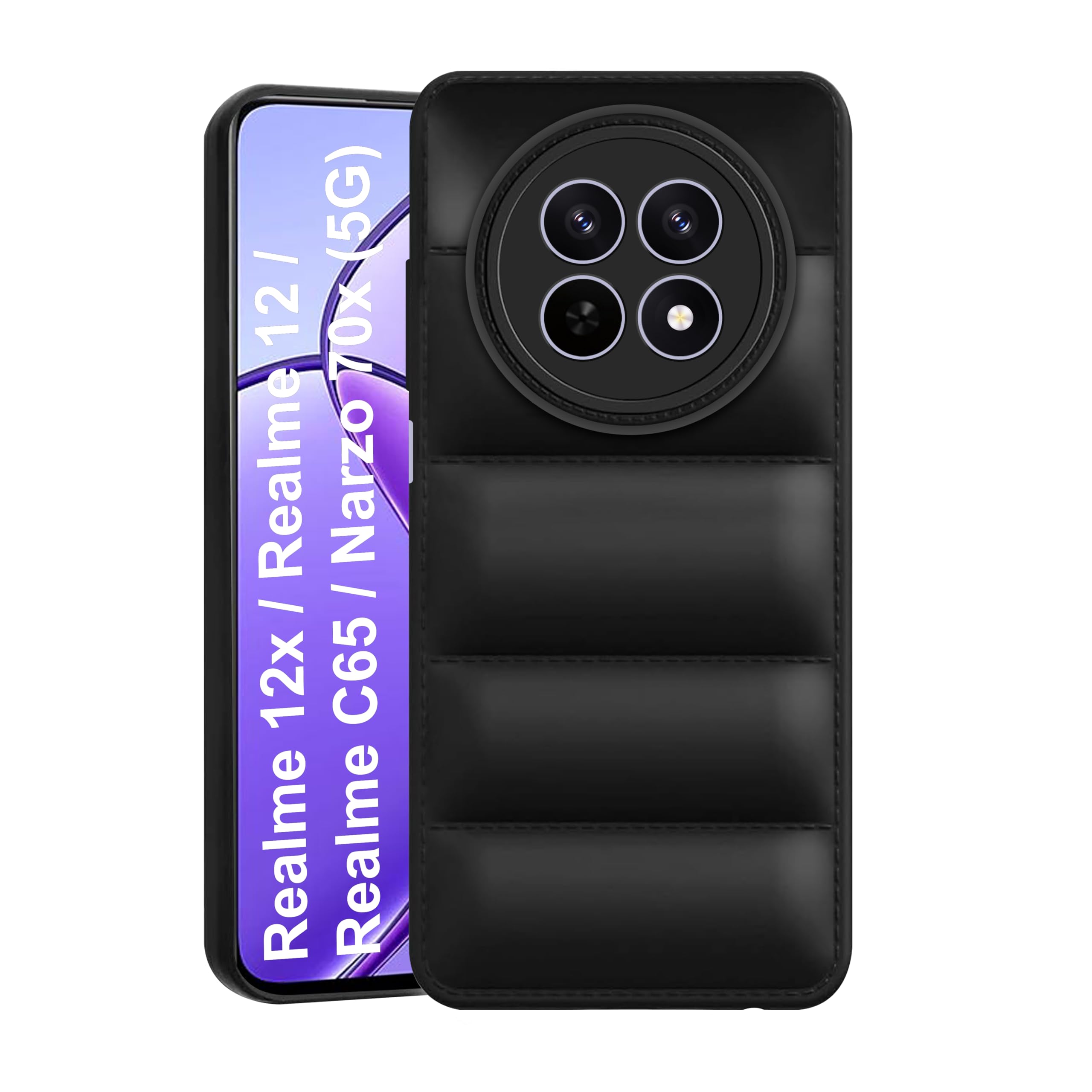 CEDO Realme 12x / Realme 12 / Realme C65 / Narzo 70x (5G) Back Cover | Camera Bump & 360° Flexible Puff Armor Protection | Matte Soft Silicon Shock Proof Rubberised Back Case Cover (Black) (B0D28X7H14) Amazon Price History, Amazon Price Tracker