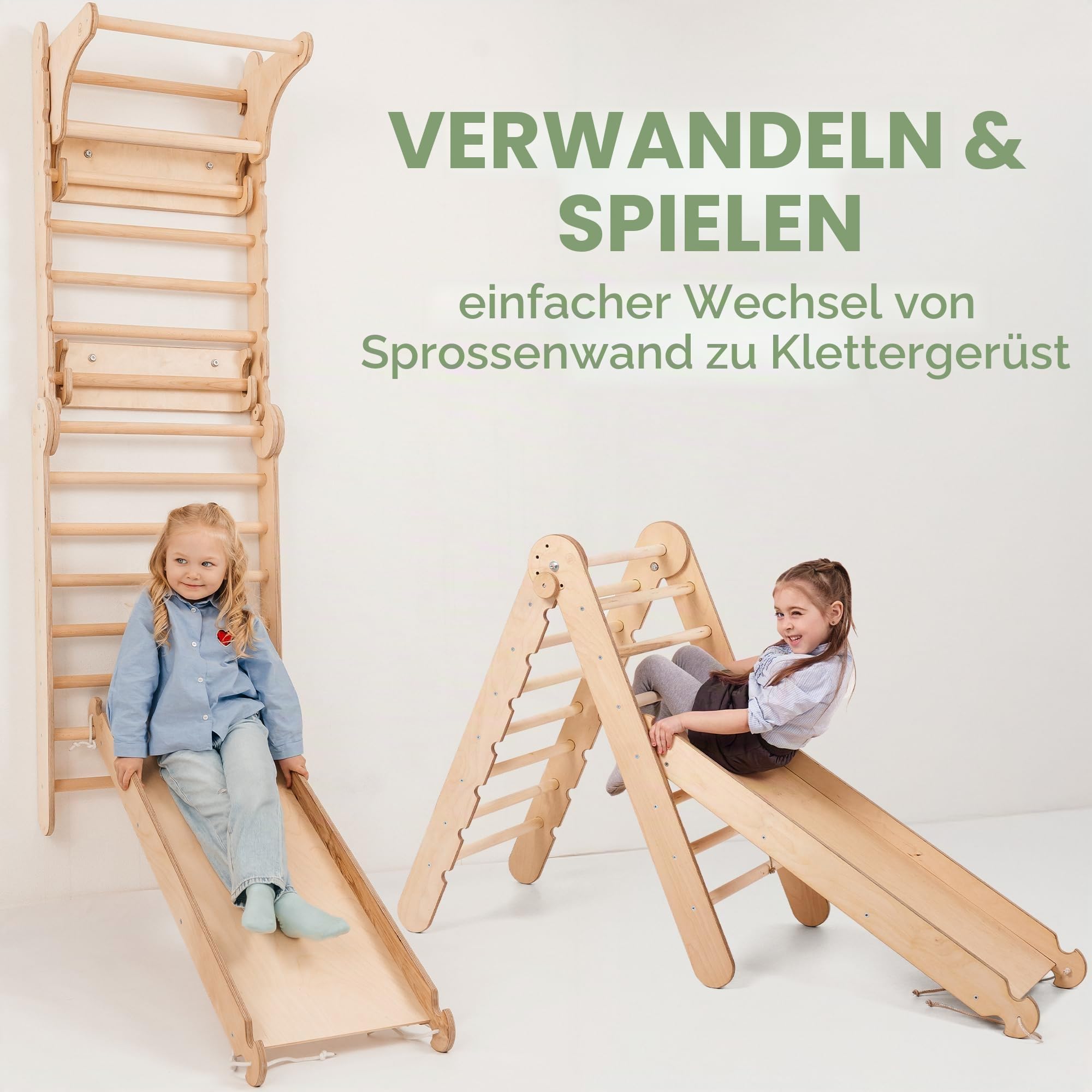 Goodevas Holz Indoor Klettergerüst für Kinder – Montessori Kletterrahmen mit Schwedenwand, Rutsche & Dreieckleiter für Kleinkinder und Kinder 2–12 Jahre
