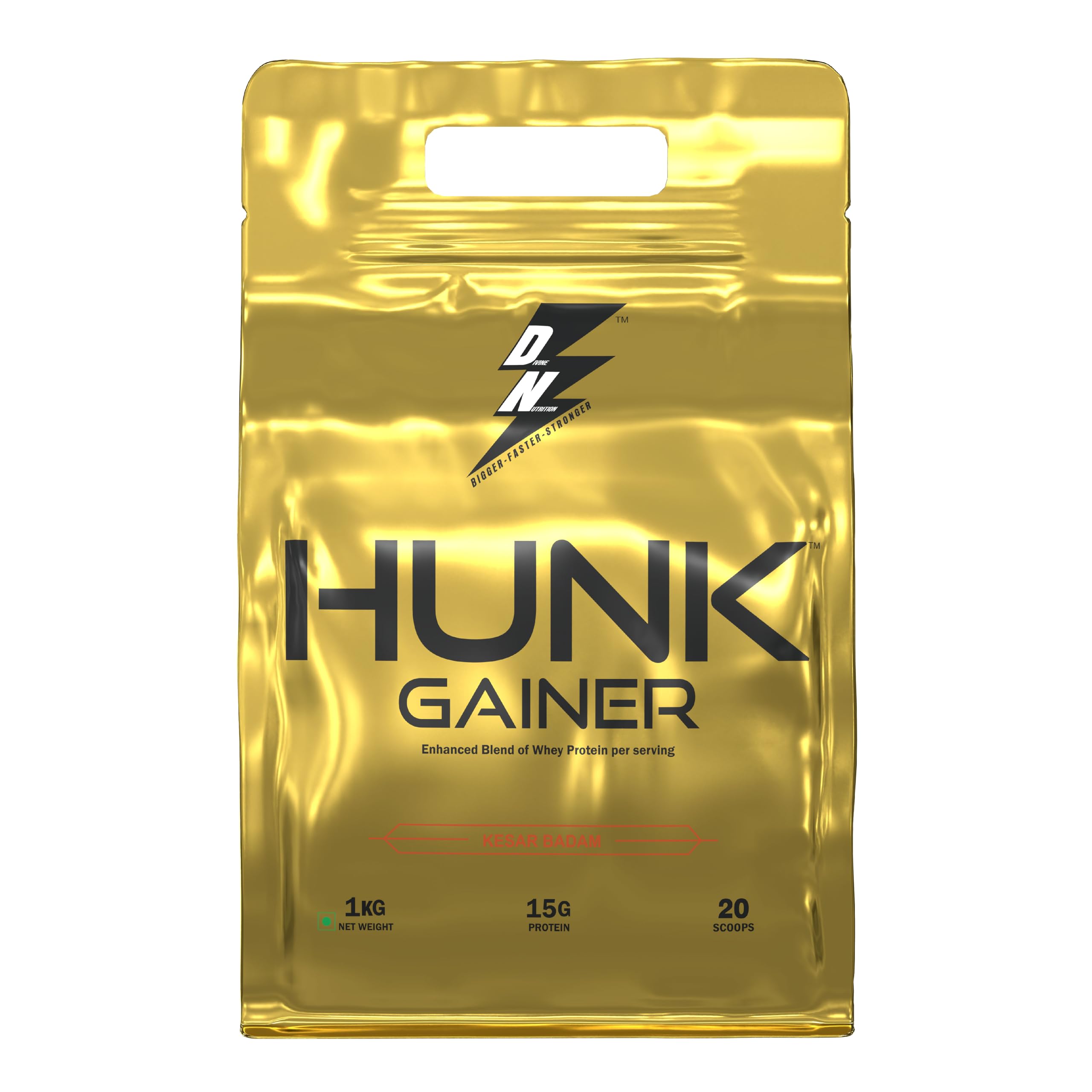 Divine Nutrition Hunk Gainer – 1 KG (Kesar Badam) | High-Calorie Mass Gainer for Muscle Growth & Weight Gain | Protein + Carb Blend | Tasty Kesar Badam Flavor | Gym Supplement for Men & Women