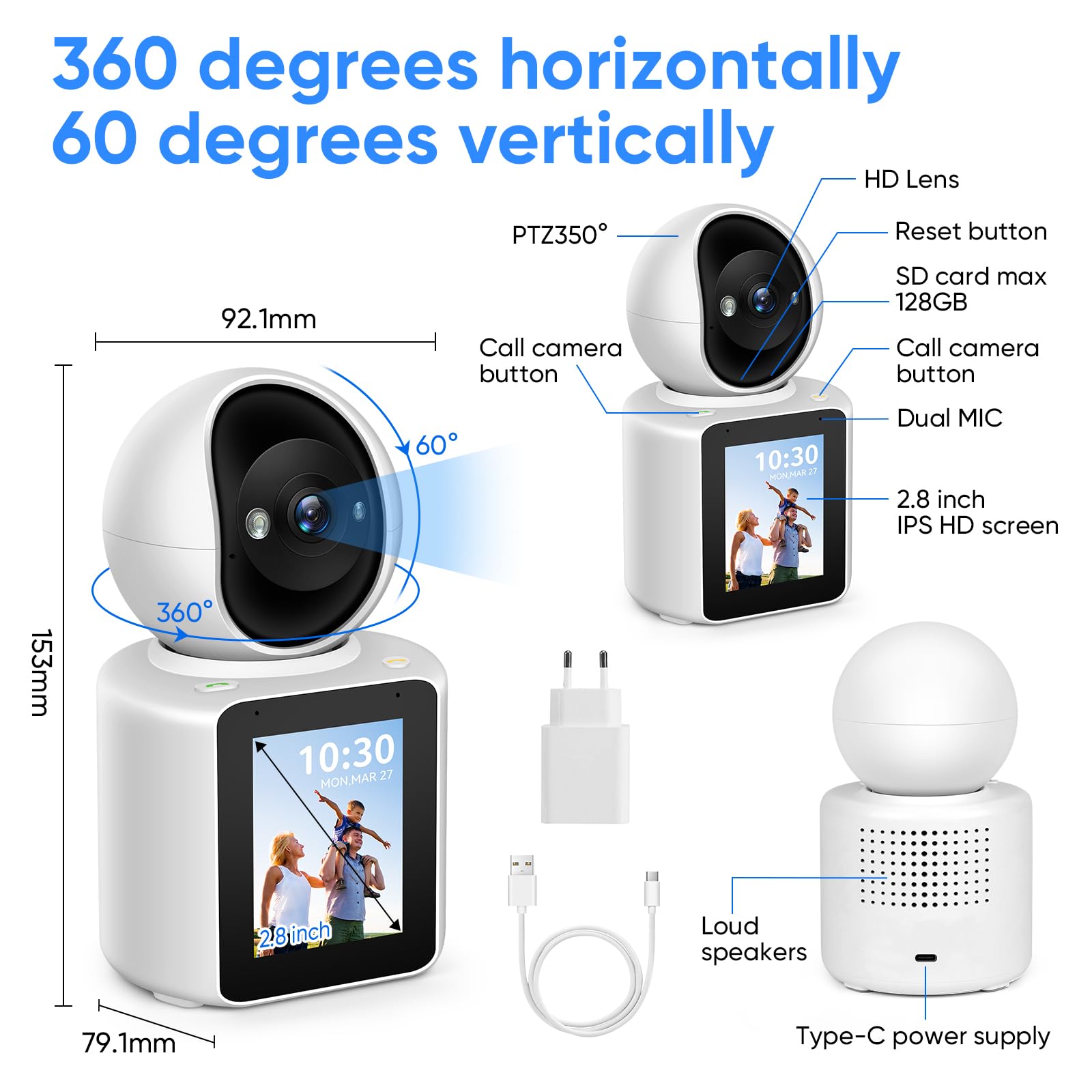 MYPIN Telecamera WiFi Interne 2K 360°, con video/audio Bidirezionale | Videocamera Sorveglianza Interno WiFi, Inclinazione, Visione Notturna, Rilevamento di Movimento per Cani/Casa/Bambini
